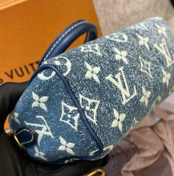 Louis Vuitton Denim Speedy Nano Monogram Top Handle Bag Crossbody Blue  Women