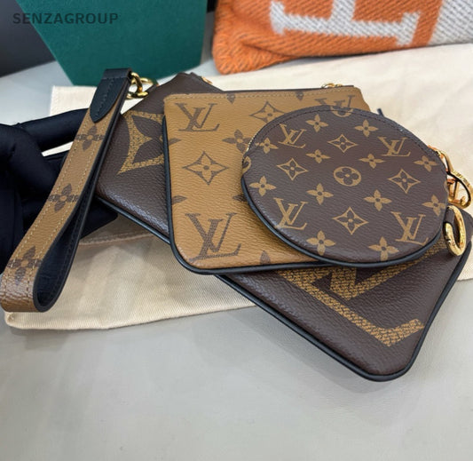 Louis Vuitton Monogram Trio Clutch Brown Gold Women Classic