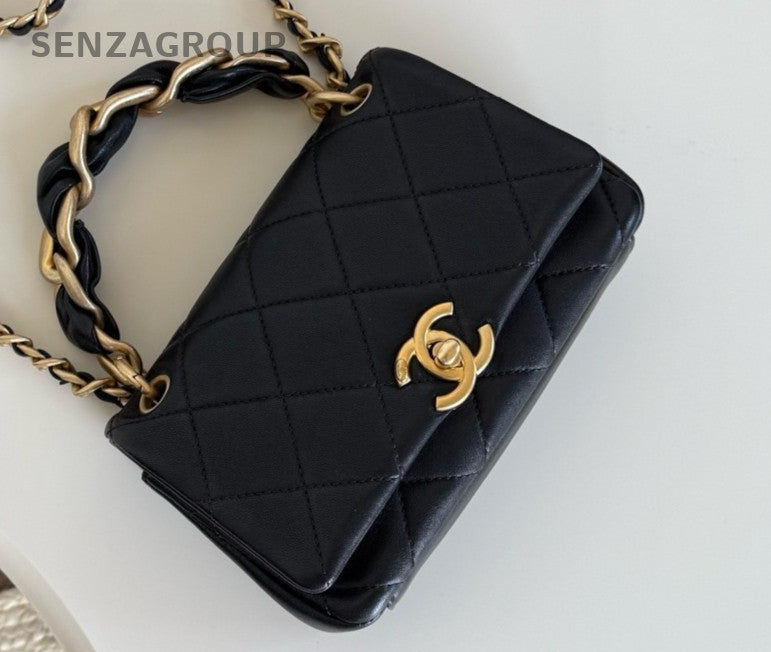 Chanel Diamond Mini Chain Top Handle Bag Crossbody Black Gold Used Women Classic