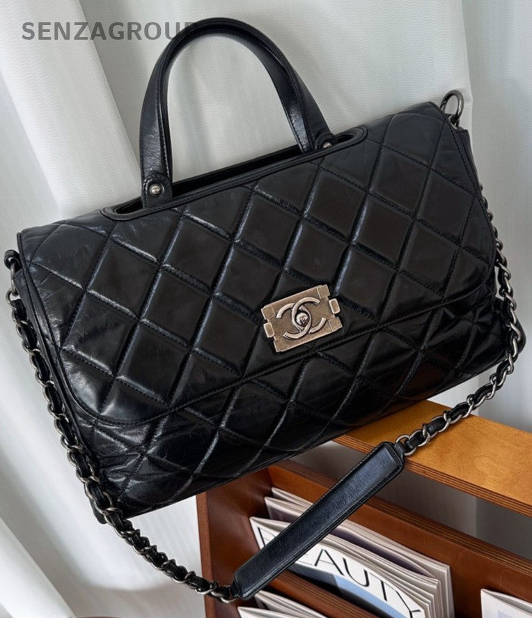 CHANEL Briefcase Top Handle Oil waxed leather Chain Shoulder Handbag Women Black