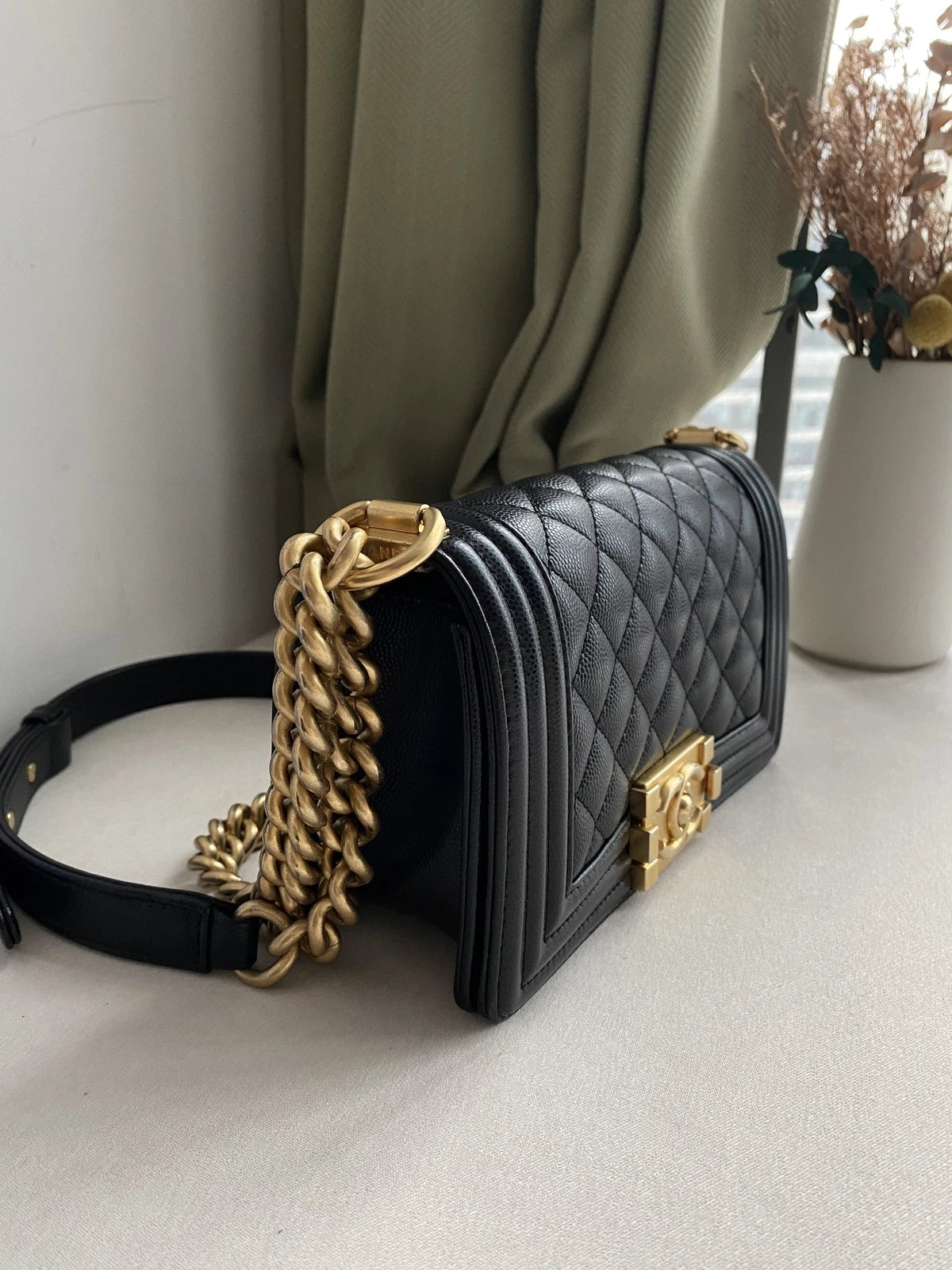 CHANEL Black Gold Leather Small LeBoy Shoulder Bag For Women