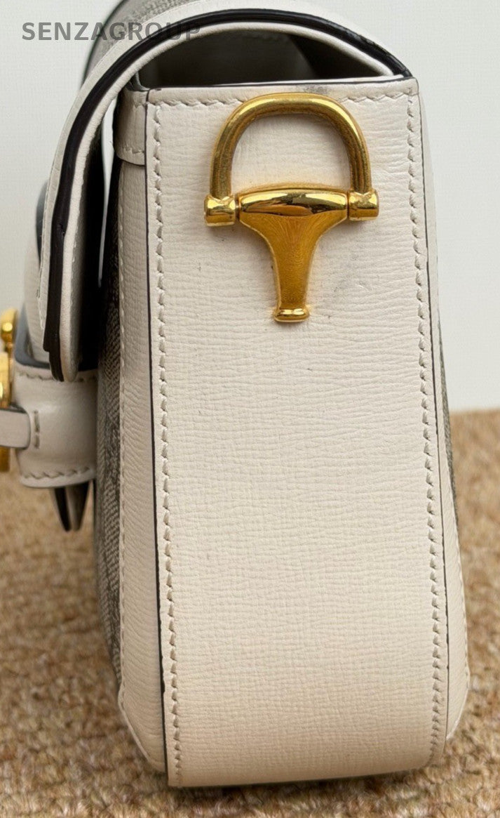 Gucci Monogram PM Saddle Shoulder Bag White Gold Women Classic 2 Straps