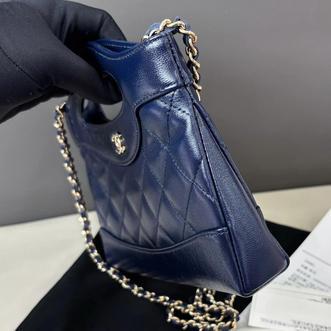 Chanel 31Bag Nano Chain Top Handle Crossbody Blue Gold Diamond Women Classic
