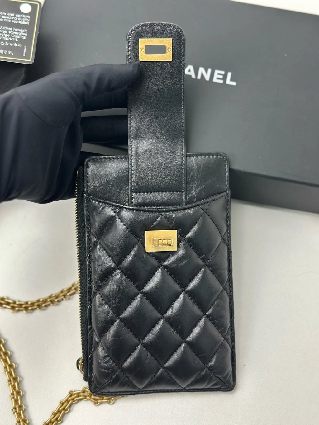 Excellent Chanel 2.55 Black Phone Bag Gold Chain Shoulder Bag Crossbody