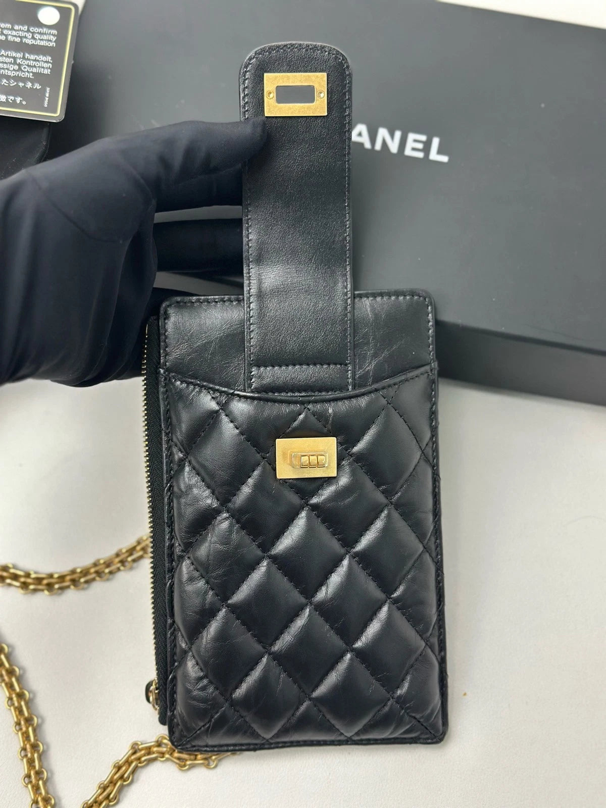 Excellent Chanel 2.55 Black Phone Bag Gold Chain Shoulder Bag Crossbody