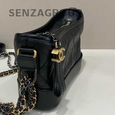 Chanel Small Boy Chevron Quilted Chain Shoulder Bag Black Gold Vintage