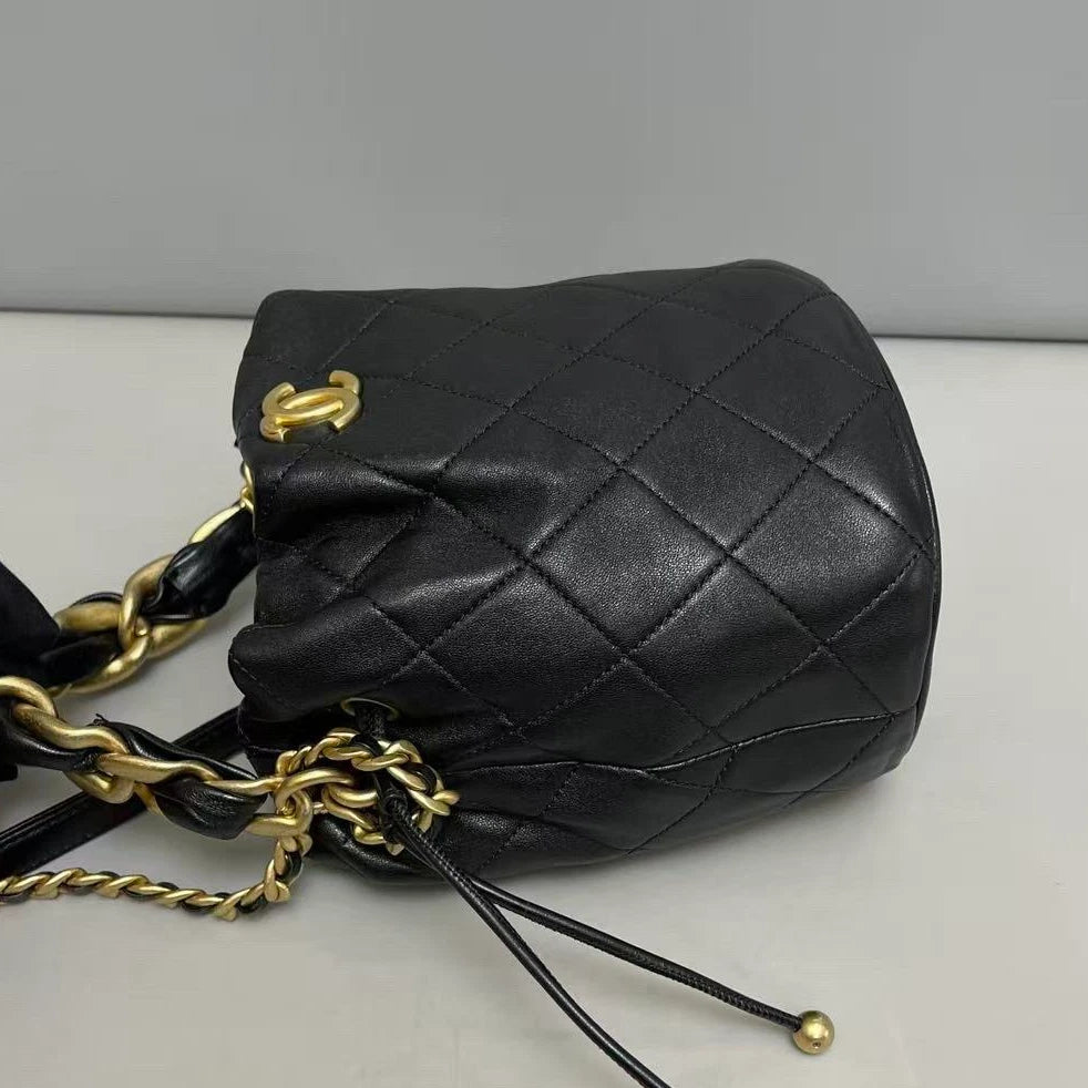 Chanel Diamond Chain Bucket Top Handle Crossbody Black Gold Women Classic