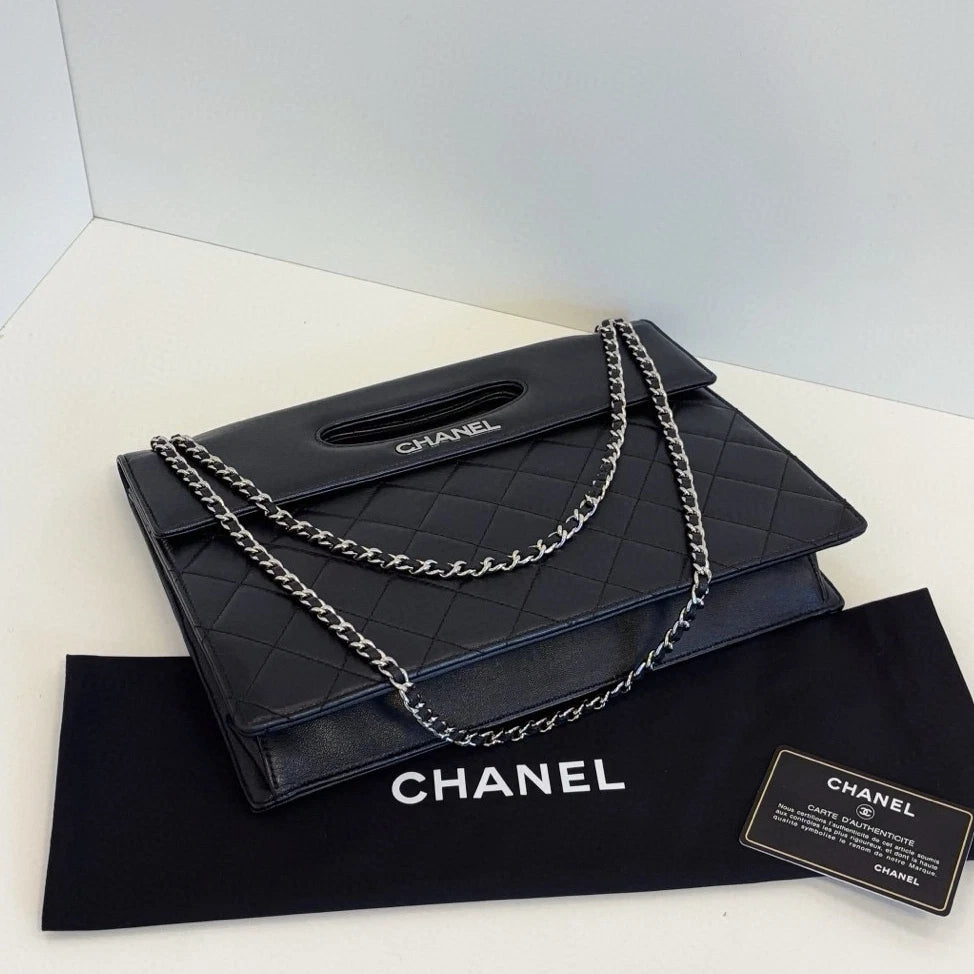 Chanel Diamond Chain Satchel Top Handle Shoulder Bag Black Silver Women Classic