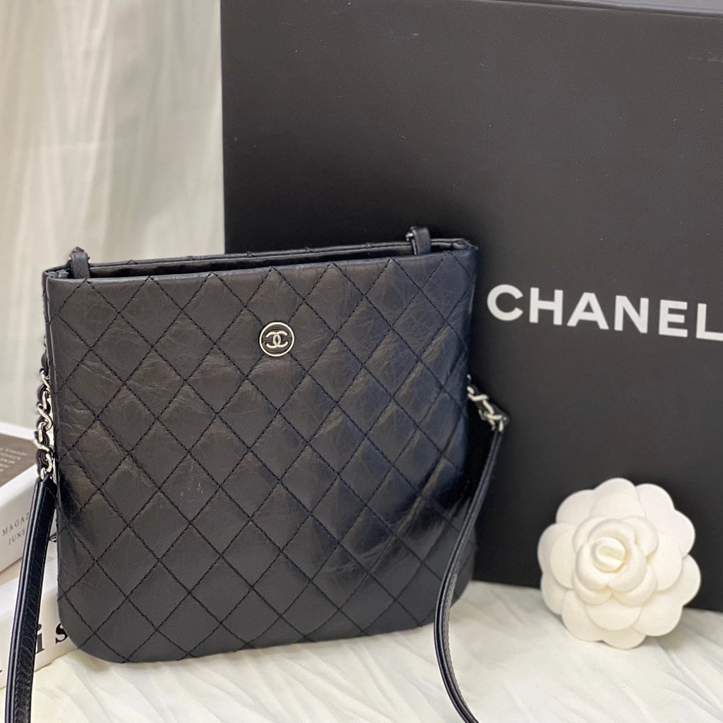 CHANEL Black Silver Leather Messenger Bag For Women