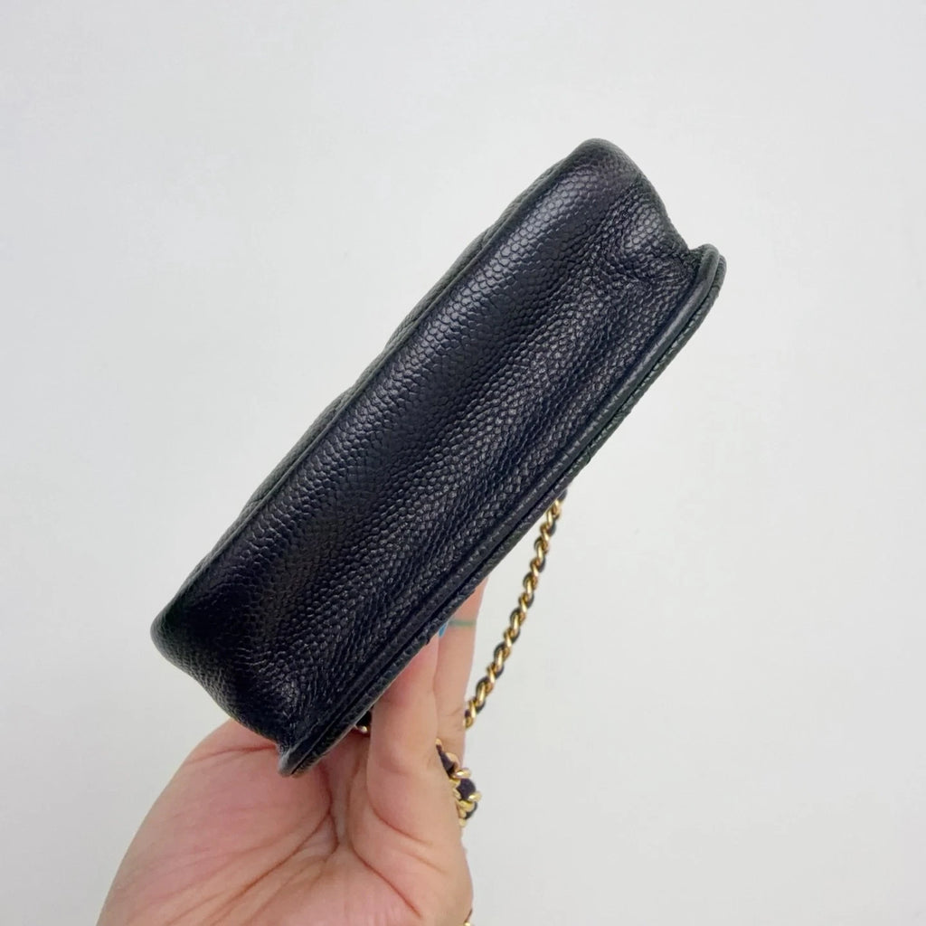 Chanel Caviar Leather Phone Case Crossbody Bag Card Holder Black Classic