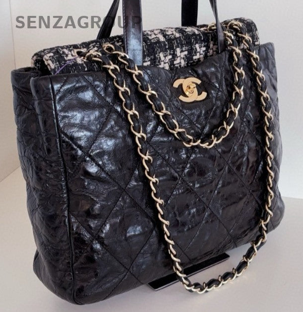 Chanel Diamond Calfskin Tote Handbag Chain Shoulder Bag Black Gold Women Classic
