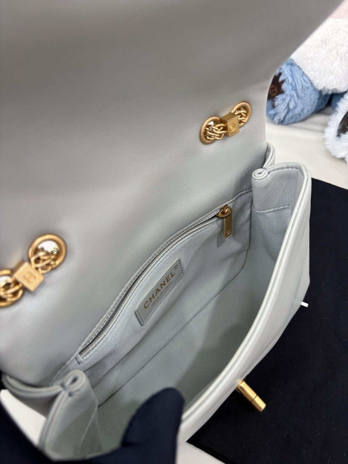 Chanel Diamond Double Chain Shoulder Bag Gray Gold Women Classic Fashion