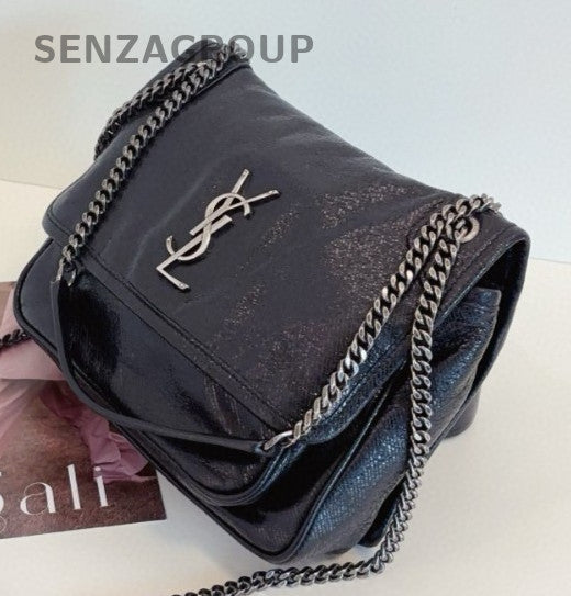 Saint Laurent Niki PM Calfskin Chain Shoulder Bag Black Silver Women Classic