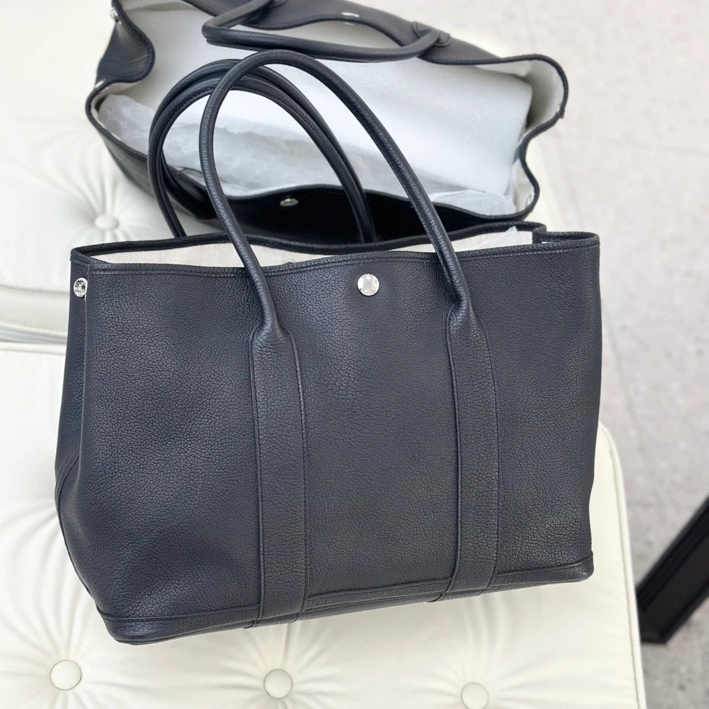 Hermes Garden Party 36 Calfskin Tote Shoulder Bag Black Silver Women S