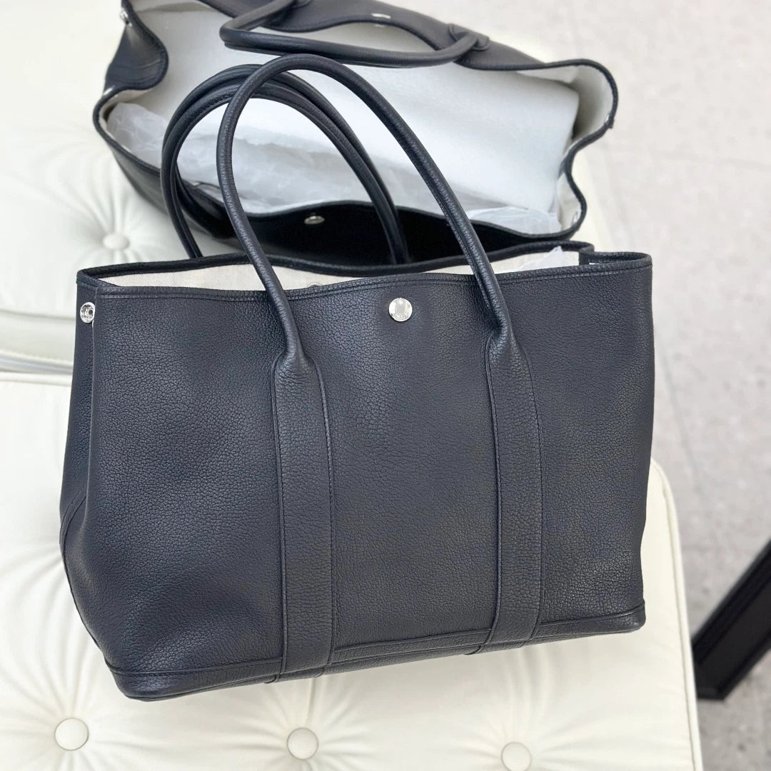 Hermes Garden Party 36 Calfskin Tote Shoulder Bag Black Silver Women S