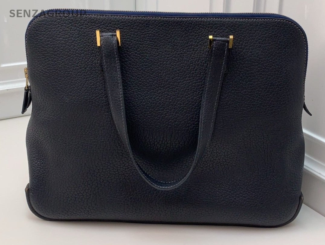Hermes Vintage Satchel Handbag Blue Gold Unisex Adults Classic