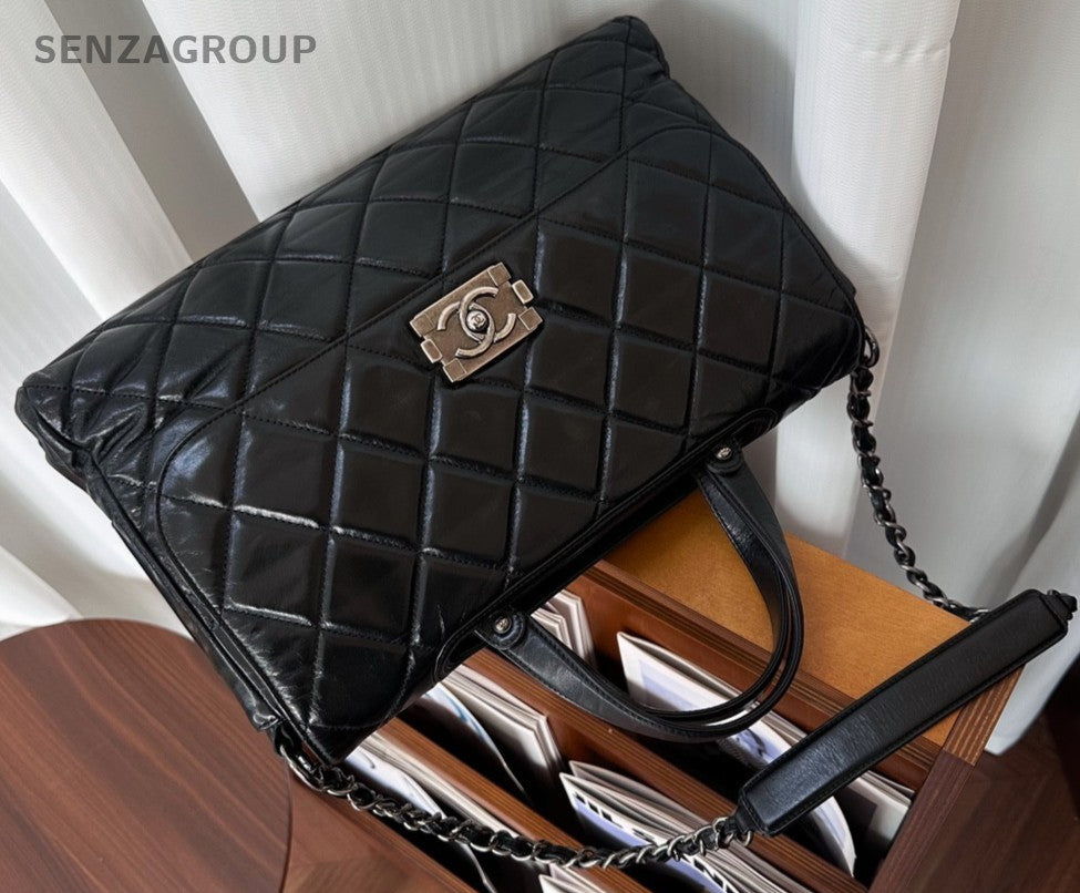 CHANEL Briefcase Top Handle Oil waxed leather Chain Shoulder Handbag Women Black