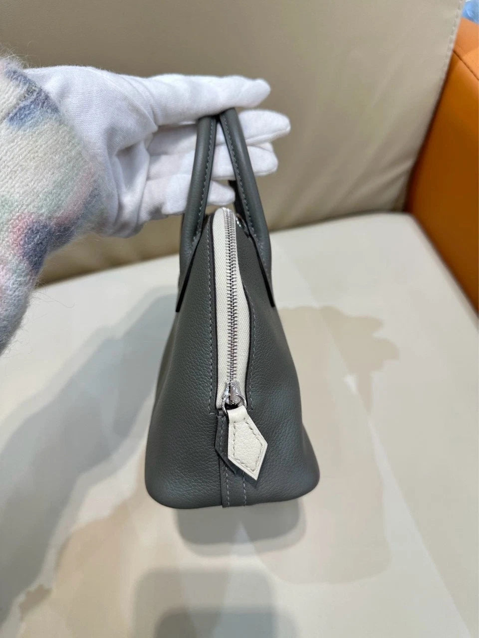 Hermes Mini Bolide Gray Leather Top Handle Bag For Women