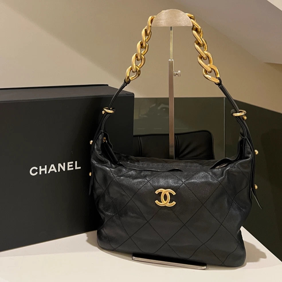 Chanel Black Gold Quilted Chain Hobo Shoulder Bag Classic Women