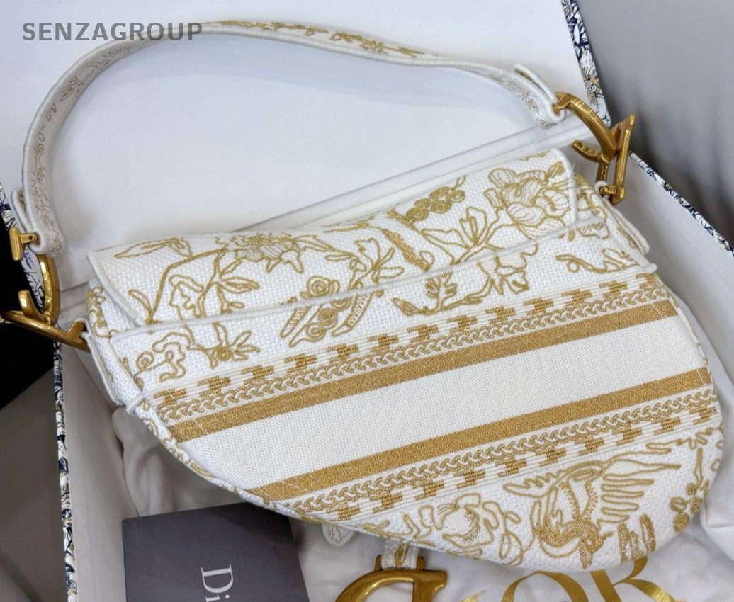 Christian Dior D-Horse Shoe MM Embroidered Shoulder Bag Gold Almost Brand New