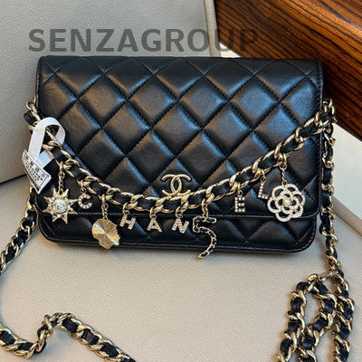 Chanel WOC Quilted Chain Shoulder Crossbody Bag Black Gold Classic Women