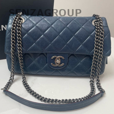 Chanel Classic Flap Bag Blue Quilted Caviar Silver Hardware Vintage