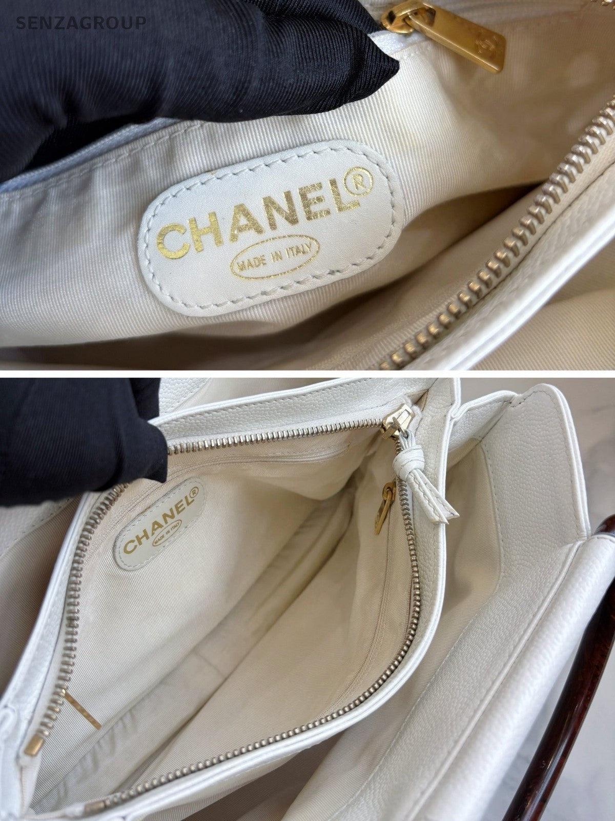 CHANEL CC Top Handle Pear blossom wood handle Handbag Calfskin White Women
