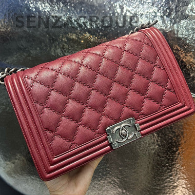 Chanel Le Boy Large Red Silver Hardware Chain Shoulder Bag Quilted