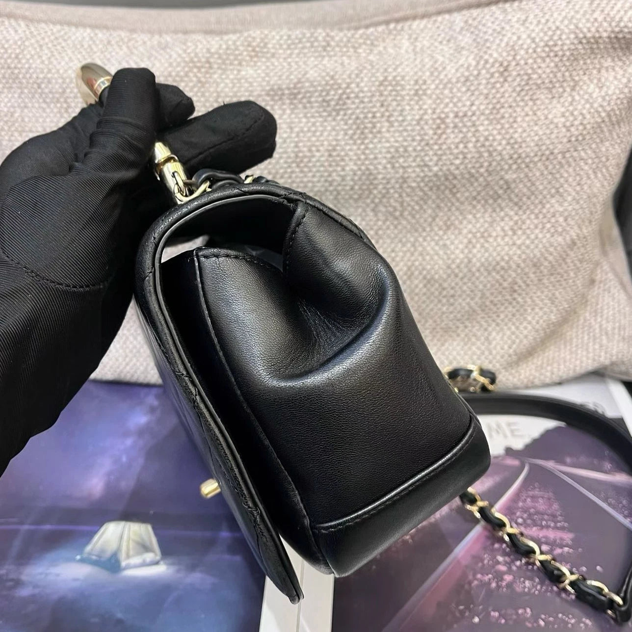 Chanel Lambskin Chain Top Handle Crossbody Black Gold Diamond Women Classic