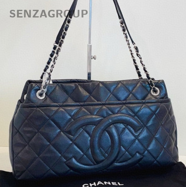 Chanel Calfskin Tote Chain Shoulder Bag Silver Black Women Classic Diamond