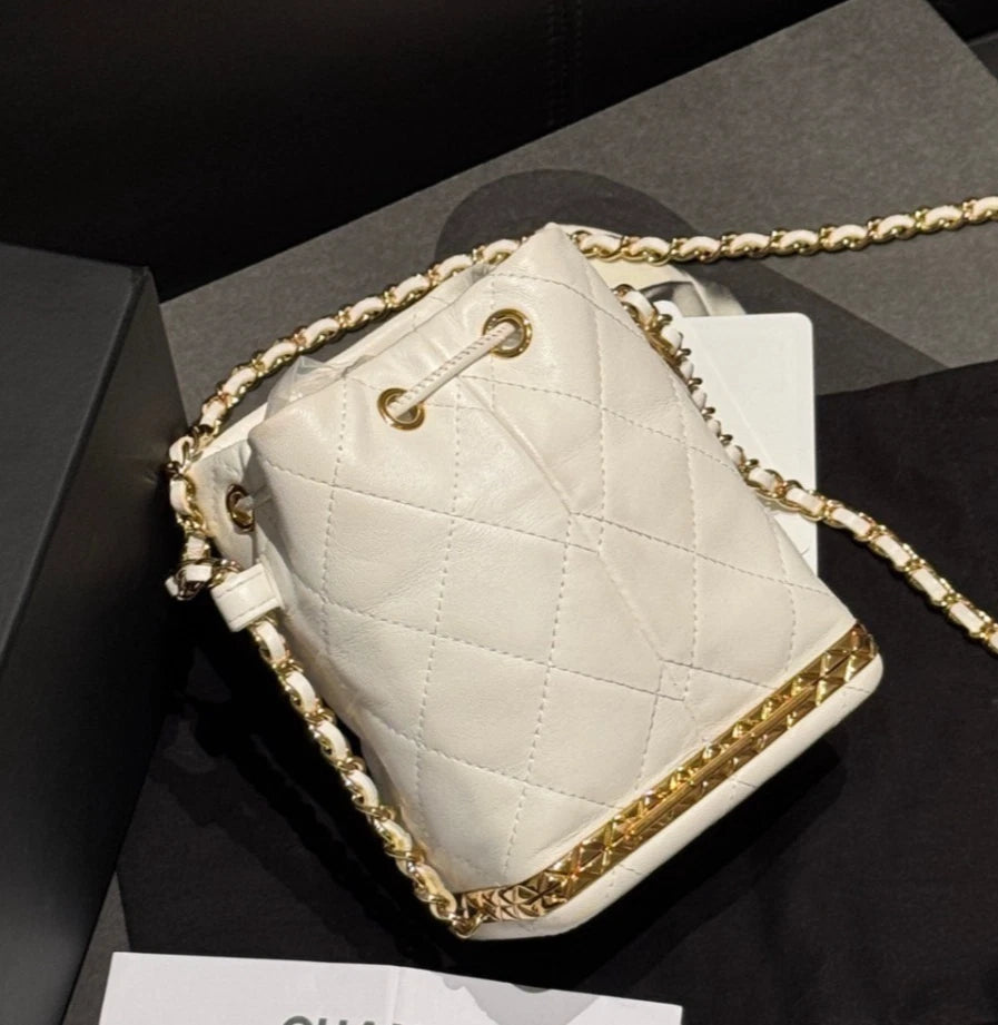 Chanel Small Bucket Diamond Shoulder Bag Crossbody White Women