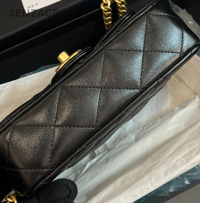 Chanel Classic Flap Lambskin Mini Chain Shoulder Bag Black Gold Women Designer