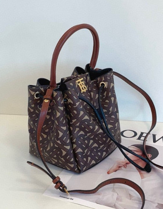 Burberry Top Handle Bucket Drawstring 2way Shoulder Handbag Monogram Women