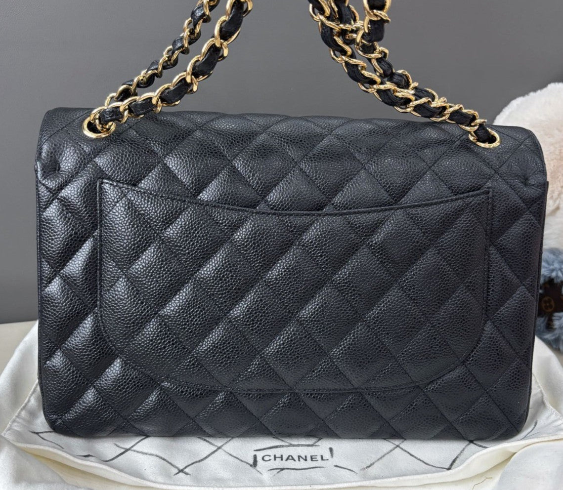 Chanel Classic Flap Jumbo Calfskin Chain Shoulder Bag Black Gold Women Fashion