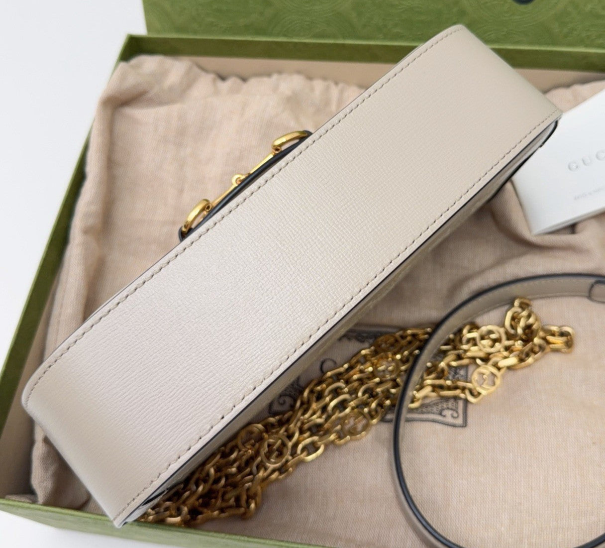 Gucci Horsebit1955 Chain Shoulder Bag Beige Gold Used Women Classic Fashion