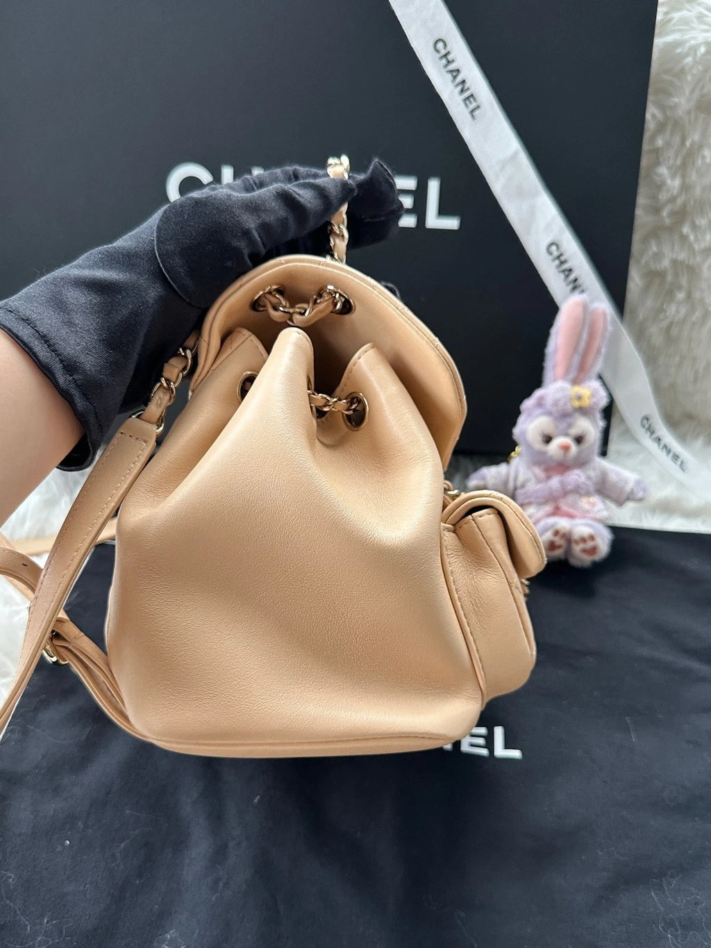 CHANEL Duma Small Calfskin Beige Gold Chain Backpack For Women
