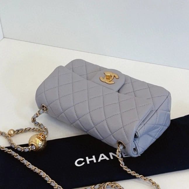 Chanel Classic Flap Mini Chain Shoulder Crossbody Gray Gold Diamond Women