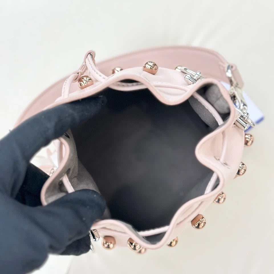 Fendi Calfskin PM Bucket Top Handle Shoulder Bag Pink Gold Pearls Women S