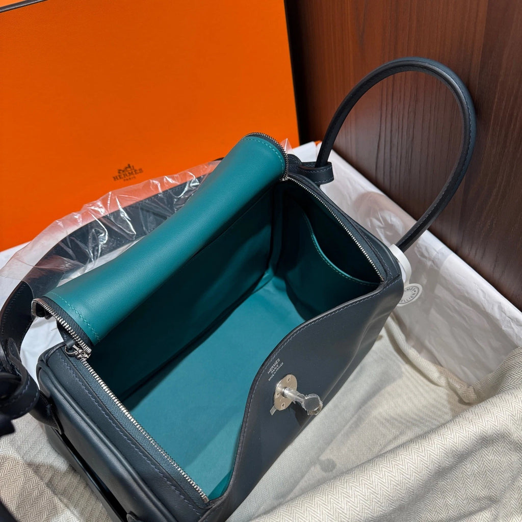 Hermes Lindy26 Top Handle Shoulder Bag Blue Silver Women Classic