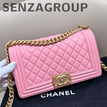 Chanel Le Boy Medium Pink Gold Chain Shoulder Bag Calfskin Quilted