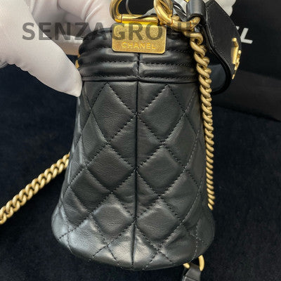 Chanel Le Boy Chevron Quilted Bucket Bag Black Gold Chain Crossbody