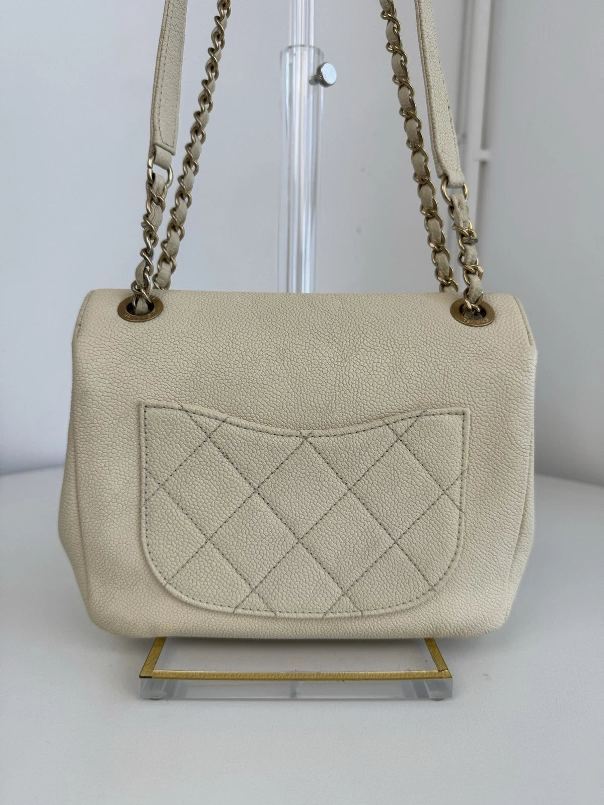Chanel Diamond Caviar Leather Chain Beige Shoulder Bag Diamond Gold Hardware