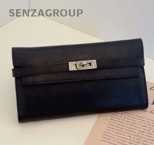 Hermes Kelly Long Wallet Clutch Lambskin Black Silver Used Women Classic