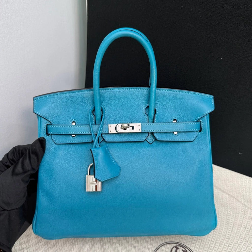 Hermes Birkin25 Evercolor Leather Top Handle Bag Blue Silver Used Women Classic