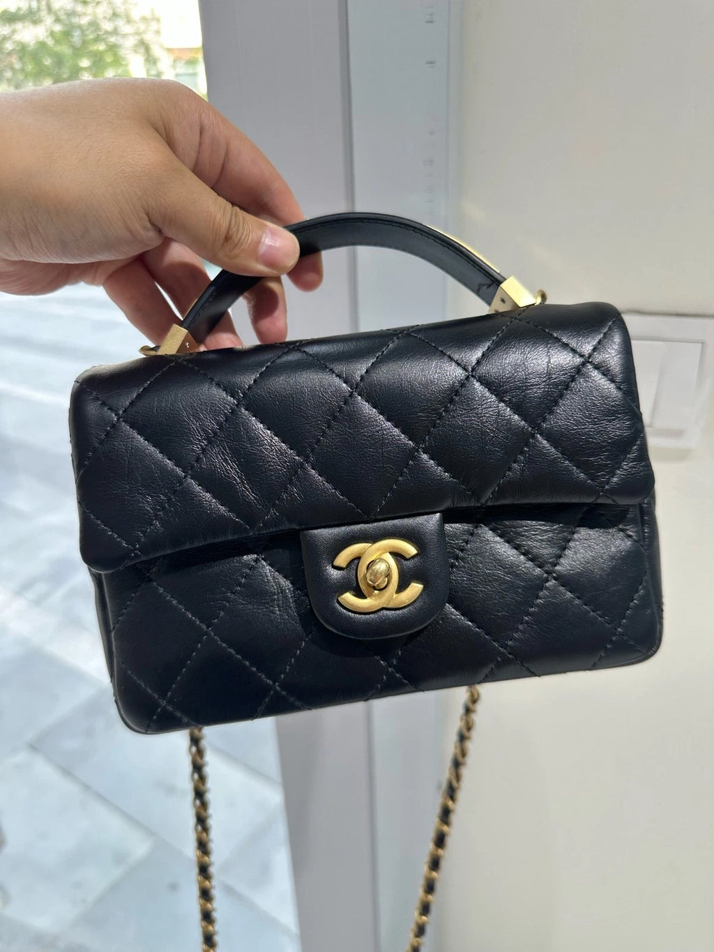 CHANEL Black Gold Top Handle Chain Bag For Women