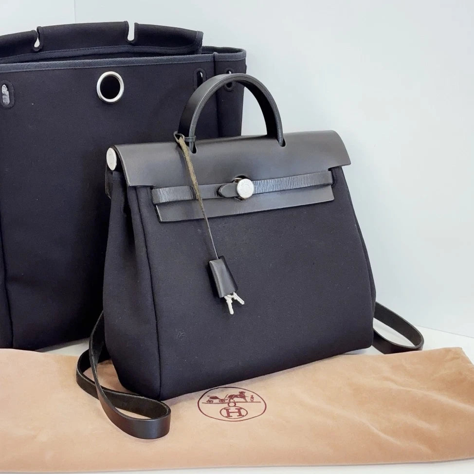 Hermes Herbag Canvas Backpack Black Silver Unisex Adults Classic