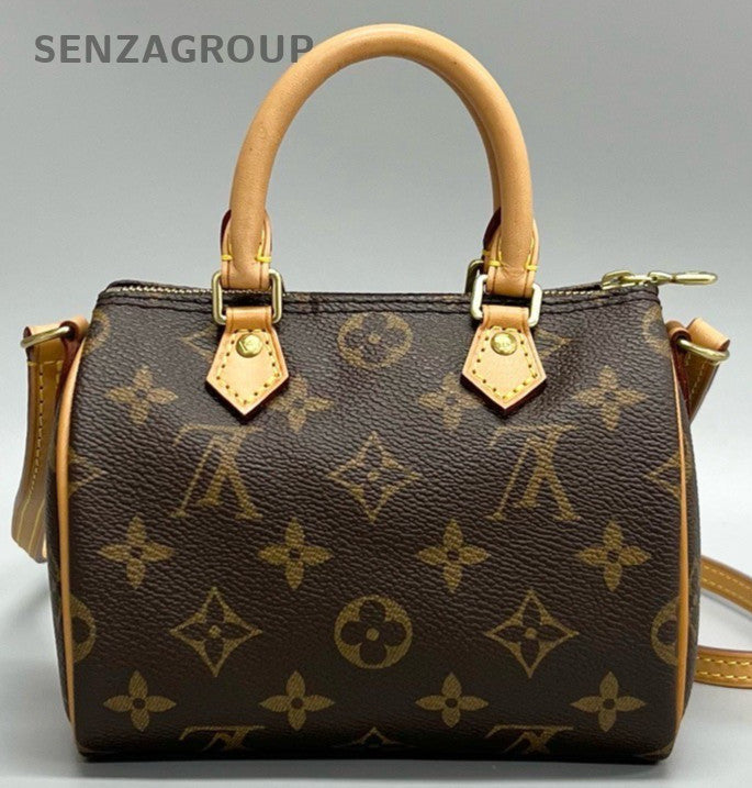 Louis Vuitton Speedy Nano Monogram Top Handle Bag Crossbody Brown Gold Women