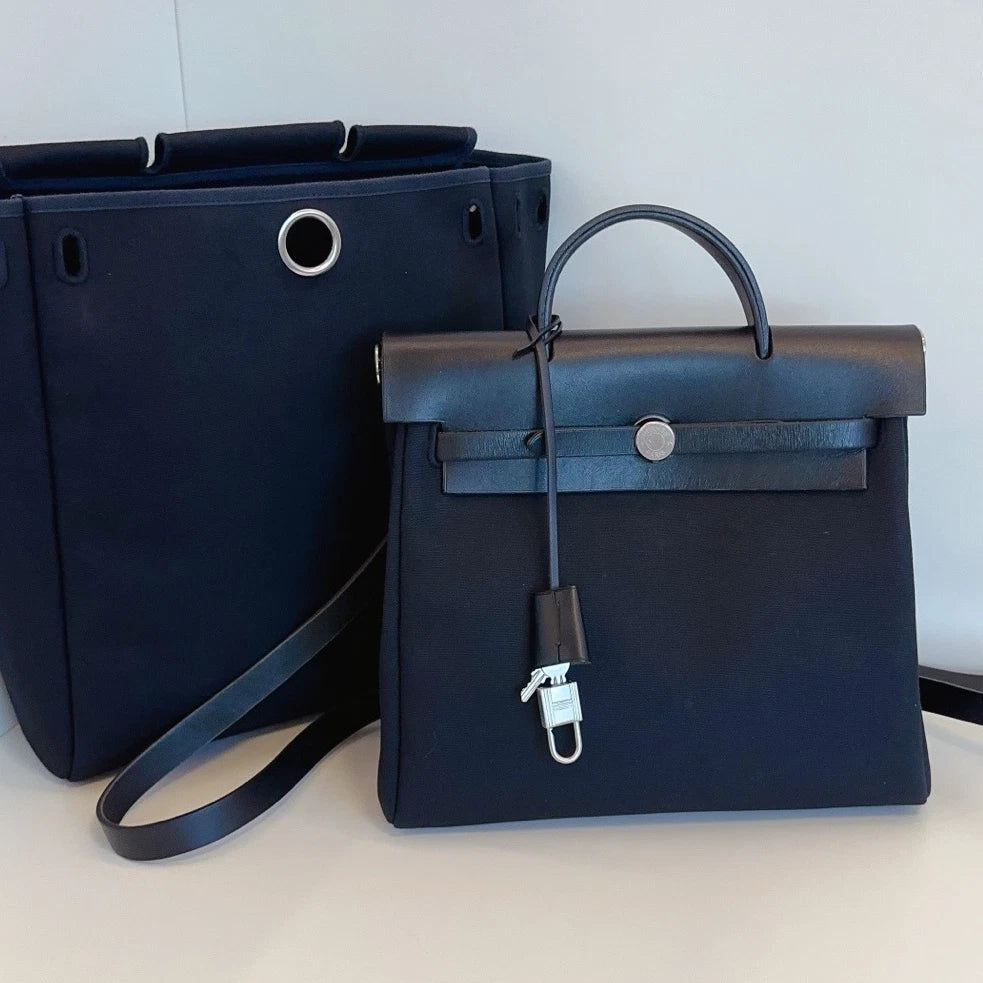 Hermes Herbag Backpack Top Handle Bag Black Silver Women Classic
