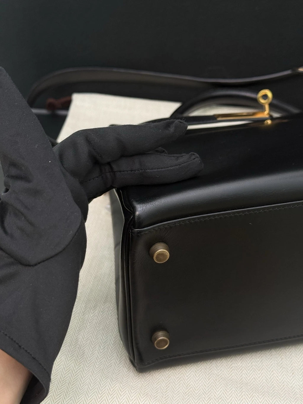 Hermes Kelly32 Box Top Handle Bag Crossbody Women Black Gold Classic Fashion