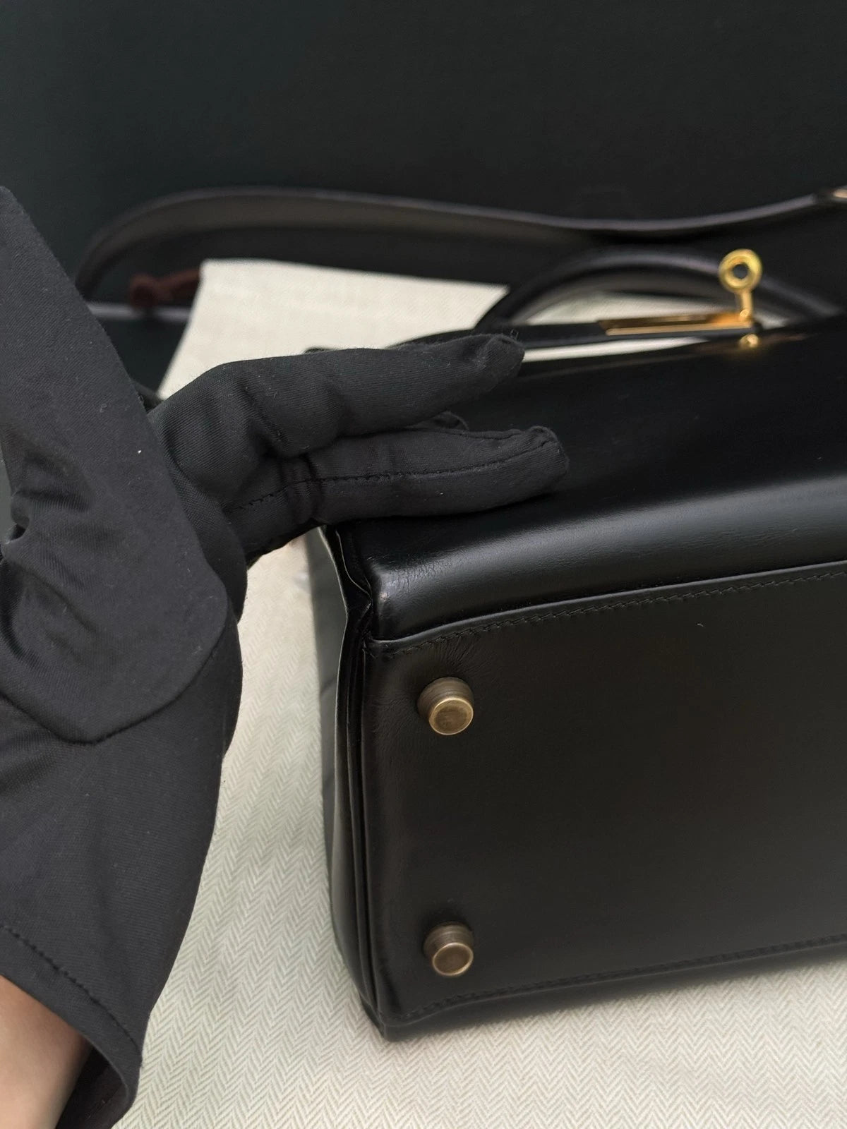 Hermes Kelly32 Box Top Handle Bag Crossbody Women Black Gold Classic Fashion